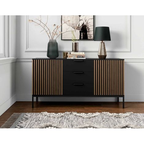 Bestmobilier – Buffet bas 150 cm en panneau de particules bois et noir – 3 tiroirs et 2 portes – Résistant à l'humidité et aux rayures