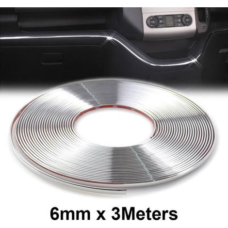 3 m Bande décorative chromée, 6 mm largeur, finition miroir PVC souple, pour pare-brise, portes et tableau de bord