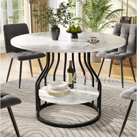 Table à manger ronde 80x80x76 cm noire en MDF effet marbre avec rangement et pieds réglables (1/5)