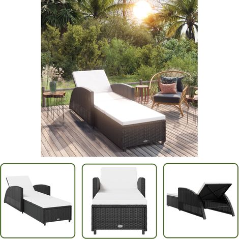 The Living Store Chaise longue avec coussin blanc crème Résine tressée Noir - Chaises Longues - Transats - Mobilier De Jardin - Chaises Extérieures - Bain De Soleil (1/5)