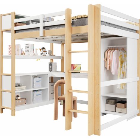 Cama alta 140x200 cm con escritorio, estanterías, armario y almacenamiento múltiple, estructura de pino y MDF, ideal para dormitorio infantil pequeño CHICFURN (1/5)