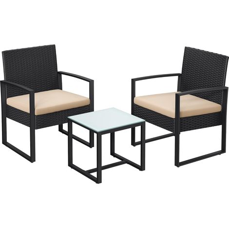 Salon de Jardin Extérieur, Ensemble de Mobilier, Surface Tressée en PE résine, 2 Chaises et 1 Table - Noir et Beige GGF010M05 (1/5)