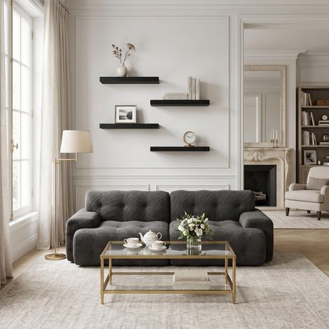 FurnitureR Wohnzimmer Set 2 Sitzer Sofa 224 cm mit 40 cm Wandregal gepolstertes Stoffsofa mit Wandablage modernes Möbel Set Grau Schwarz