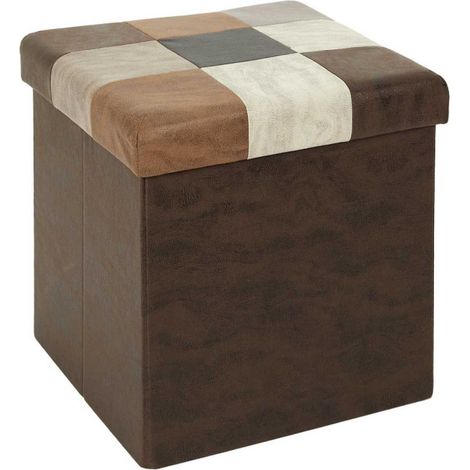 Paris Prix – Pouf coffre pliable patchwork marron 38cm – Revêtement polyester et polyuréthane – Rembourrage mousse – Structure MDF – Forme carrée (1/5)