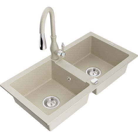 Mexen Mario lavello in granito a 2 vasche con miscelatore cucina Savita, beige - 6504-69-672601-69 (1/5)