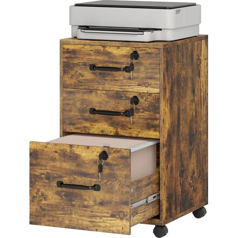 Caisson de Bureau Mobile avec 3 Tiroirs Verrouillables, Caisson de Rangement sur Roulettes, 40 x 40 x 69,5 cm, Marron, rangement pratique, déco intérieure (1/5)