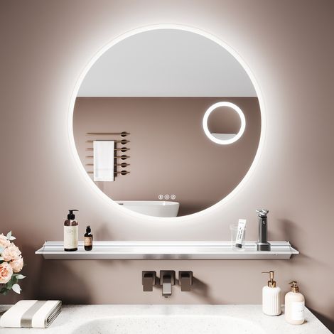 SIRHONA Miroir lumineux de salle de bain avec étagère éclairée - Miroir de Salle de Bain Circulaire Bluetooth avec Anti-Buée, 3 Tons de Lumière, Lampe de Grossissement 3x, 80x80 cm
