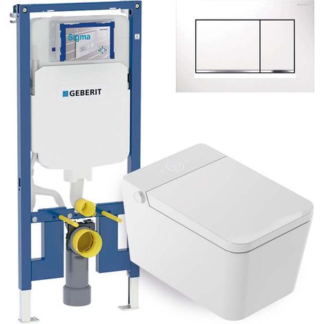 Mizubath - Set WC giapponese sosp. Isla bianco - Risciacquo ad acqua - Asciugatura ad aria - Modulo Geberit Duofix 8 cm - Placca comando doppio bianca