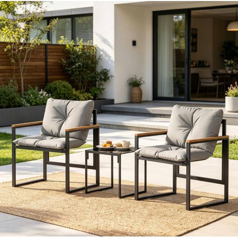 Set da giardino 3 pezzi 64x62x68 cm in metallo nero e grigio con tavolo in vetro – MEUBLIV (1/5)