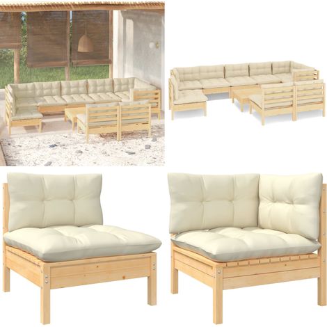 10-tlg. Garten-Lounge-Set mit Creme Kissen Massivholz Kiefer - Gartensessel - Lounge Set - Gartenmöbeln - Outdoor Möbel - Kiefernholz - Home & Living