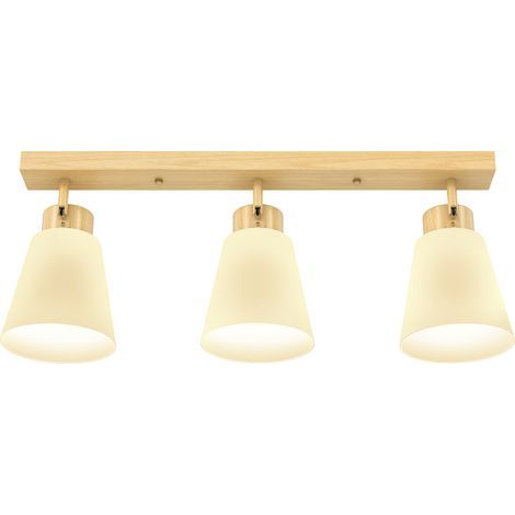 Plafonnier LED 40 W, lampe de plafond à double fixation et têtes orientables à 90° avec 3 douilles E27, bois naturel (1/5)