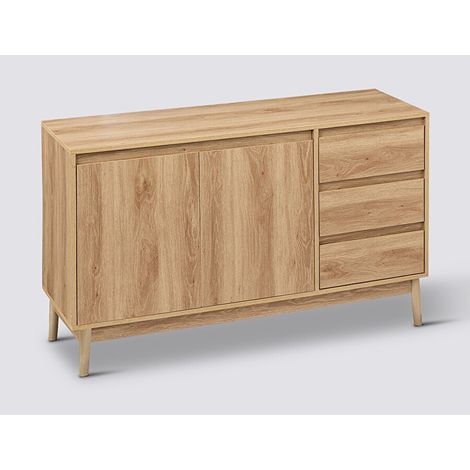 Buffet, meuble de rangement en bois avec 2 portes et 3 tiroirs coloris Beige - Longueur 120 x Profondeur 39 x Hauteur 76 cm (1/4)