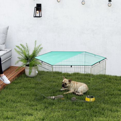 Parc pour chien, enclos chien 6 panneaux avec toit, modulable et pliable, enclos portable 76H cm avec porte argent vert