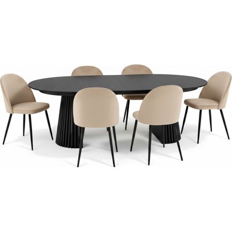 Tokyo Essgruppe Esstisch schwarz, 6 Stühle aus beigem Velours.