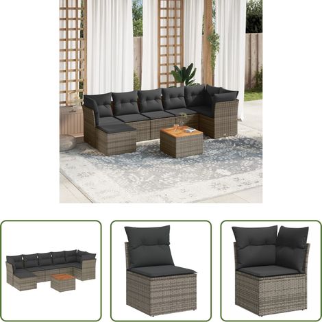 vidaXL Canapé jardin -  Salon de jardin 8 pcs avec coussins gris résine tressée (1/5)