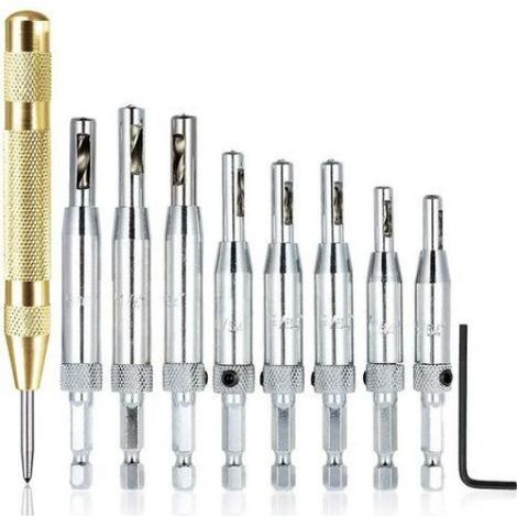 8 pièces Ensembles de forets à centrer avec poinçon central automatique, charnière à centrage automatique Perforatrice pour trou de perçage Outils de travail du bois pour porte de meuble 1/4 '' (1/5)
