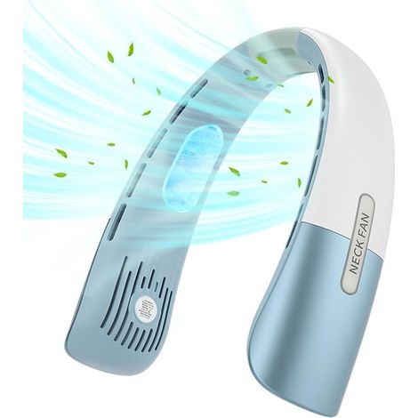 Ventilatore da collo portatile，con 5 velocità regolabili，ricaricabile tramite USB，con display a LED，design a cuffia per uomo e donna，blu (1/2)