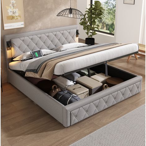 Lit coffre 180x200 cm en lin gris avec USB, éclairage intégré et sommier à lattes (1/5)