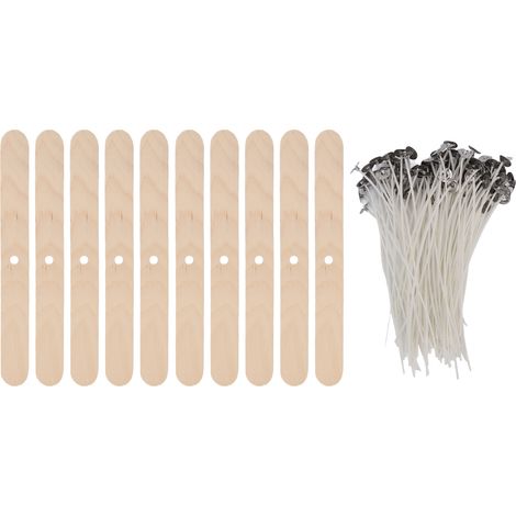 110 mèches de bougie blanches unies de 15 cm, enveloppées de cire, avec supports 100 mèches + supports de mèche 10 supports en bois (1/5)