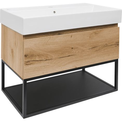 Ensemble meuble avec vasque et cadre métallique - SAT - B-Way - 79x30x45 - Chêne (1/5)
