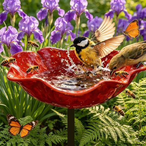 Bain d'abeilles en métal pour jardin : Station d'abreuvement artisanale de 60 cm avec bain d'oiseaux et motif floral - Décoration extérieure pour abeilles et oiseaux (rouge) (1/5)