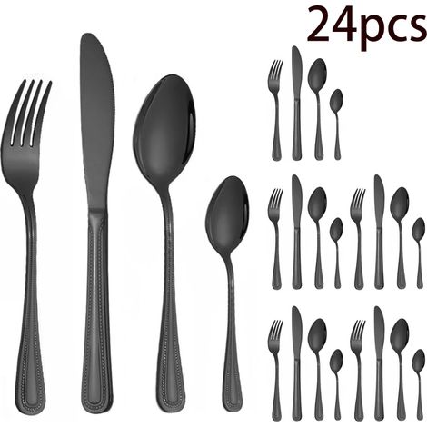 (Noir) Ensemble de couverts en acier inoxydable 24 pièces comprenant un couteau à steak, une fourchette, une cuillère et une cuillère à dessert. (1/5)
