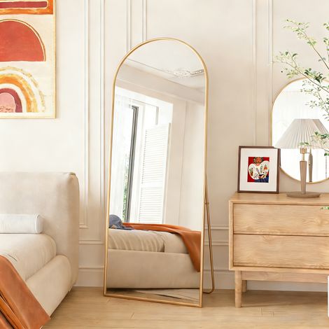 Miroir pleine longueur 165 x 60 cm, Miroir arc métal doré Arche, miroir de sol avec cadre en aluminium, miroir sur pied HD Anti-Déformation, Doré