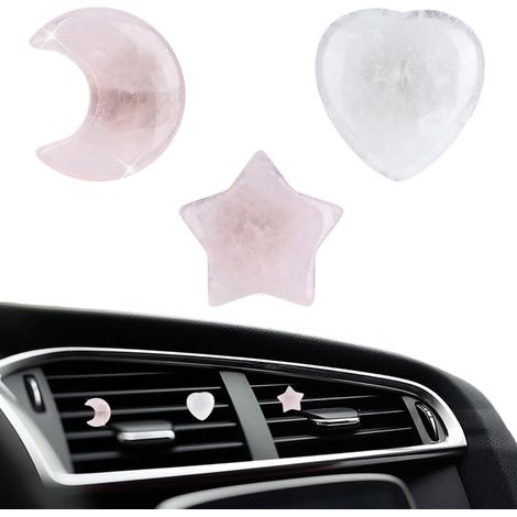 3 clip Garniture Grille D'Aération Voiture Pierre Cristal Pendentif Lune Étoile Cœur Quartz Rose Désodorisant pour Voiture Clip Sortie Climatisation pour Tableau Bord Décoration Intérieure (1/5)
