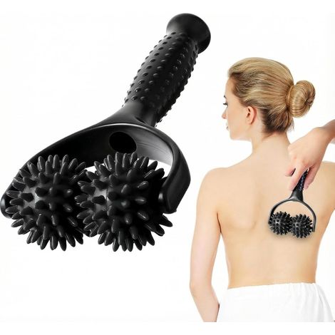Rouleau de massage à picots en silicone à 2 roues avec poignée - Appareil de massage portatif pour les pieds, la nuque, les bras, les jambes et le corps, soulageant les douleurs musculaires et la pres