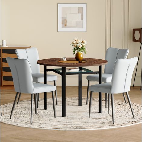 Ensemble table à manger ronde 100 cm avec 4 chaises PU gris clair, effet bois DESVIAE (1/5)