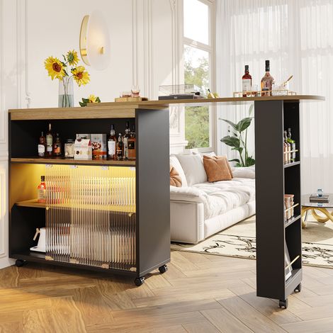 Table de bar extensible 138×35×98 cm – Plateau MDF grain de bois – Rotation 360° – Éclairage LED – Cave à vin et rangements intégrés – Cuisine salon moderne – Noir (1/5)