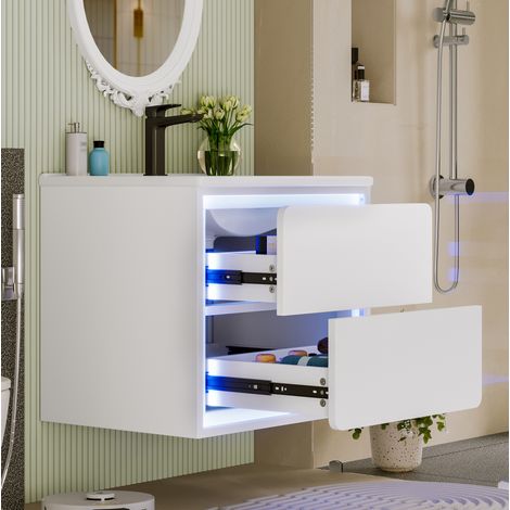 Mobile bagno sospeso 60x46x50 cm, lavabo integrato, illuminazione a sensore radar, due cassetti, MDF e ceramica bianco (1/5)