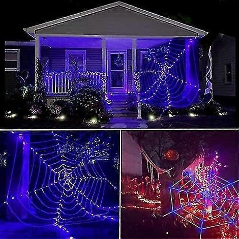 Décorations d'Halloween, guirlande lumineuse en forme de toile d'araignée, toile d'araignée de 3,65 m avec lumières violettes pour décorations d'Halloween intérieures et extérieures, fêtes, jardins, m (1/4)