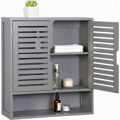 Armadio a muro da bagno Relaxdays, 3 scomparti, HLP: 66 x 59 x 21 cm, ante a lamelle, chiusura magnetica, grigio