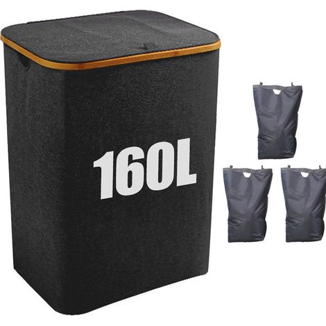 Panier à linge avec couvercle - 3 compartiments - 160 l - Avec 3 sacs à linge - Grand panier à linge pliable - En bois de bambou - noir (1/5)