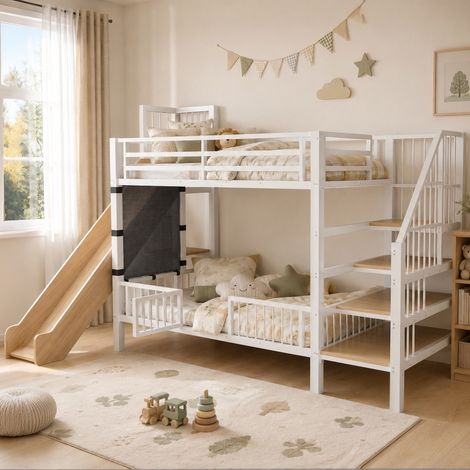 Lit superposé pour enfants 90 × 200 cm - BRILLSTEN - Lit mezzanine en métal - Avec toboggan, escalier et barrières de sécurité - Blanc (1/5)
