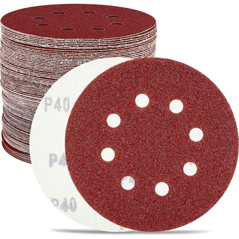 Lot de 100 disques de ponceuse orbitale de 125 mm, 8 trous, crochet et boucle de 12,7 cm, grain 40/60/80/100/120/150/180/240/320/400 pour ponceuse orbitale (1/5)