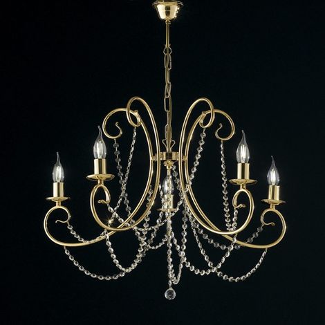 Araña de cinco luces de hierro dorado con pedrería 68x h55 cm