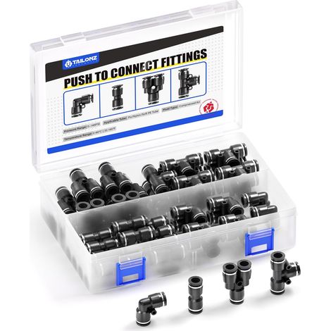 Lot de 40 raccords pneumatiques 1/4 pouce, répartition coudes tés droits, pour tuyau air comprimé (1/5)