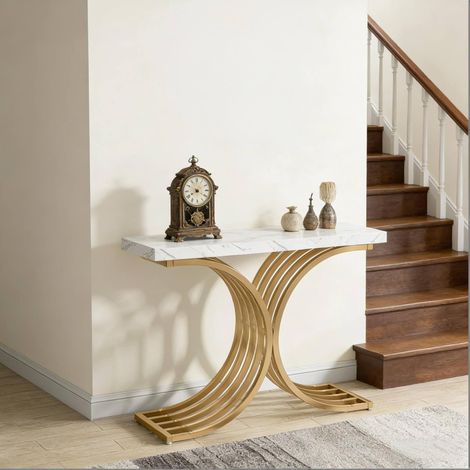 Console d’entrée 100 x 30 x 80 cm, effet marbre, structure métal doré, blanc (1/5)