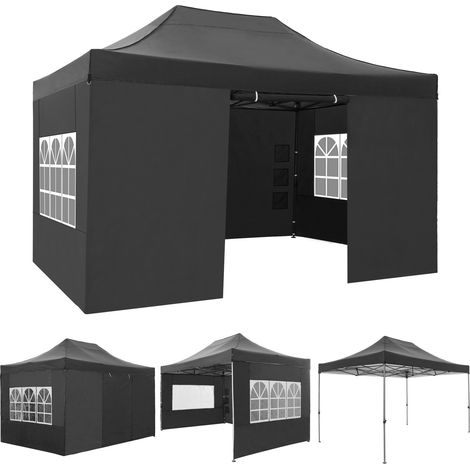 3x4.5mTonnelle de Jardin Pliante - Hauteur réglable pour Camping, Pique-nique, Activités extérieures - Barnum pliant avec parois latérales amovibles Noir (1/5)