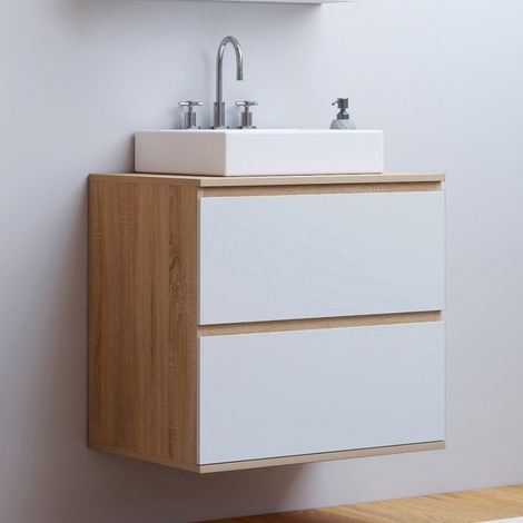 Mueble bajo de baño colgante TOMI de 2 cajones en haya y blanco