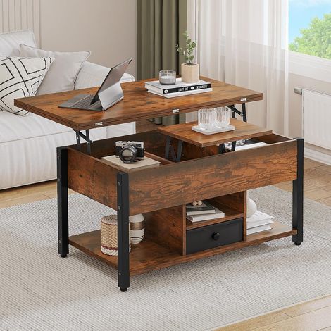 Table basse relevable 4-en-1 – Table de salon multifonction convertible avec plateau élévateur et tiroirs de rangement (1/5)