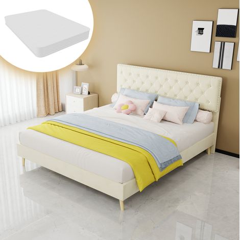 Letto 160x200 cm in tessuto e metallo beige con testiera, spazio contenitore e materasso – MEUBLIV (1/5)