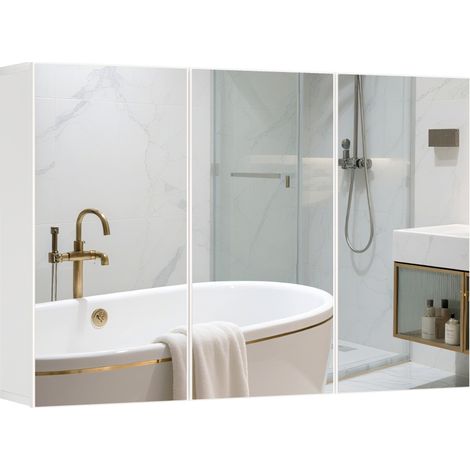 Armoire de salle de bains avec miroir, armoire de salle de bains à 3 portes miroir, fixation murale, 90 x 15,5 x 60 cm, aggloméré, blanc