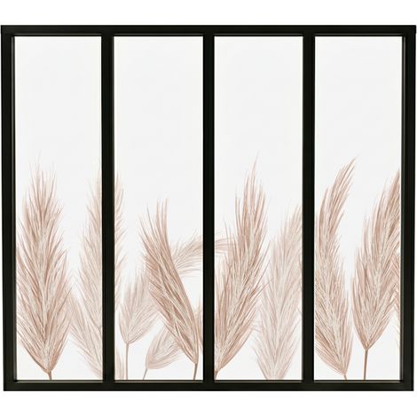 Verrière atelier intérieure aluminium noir 4 vitrages 135 x 117 cm - Décor végétal - Pampa - ocre et transparent - Verre trempé (1/5)