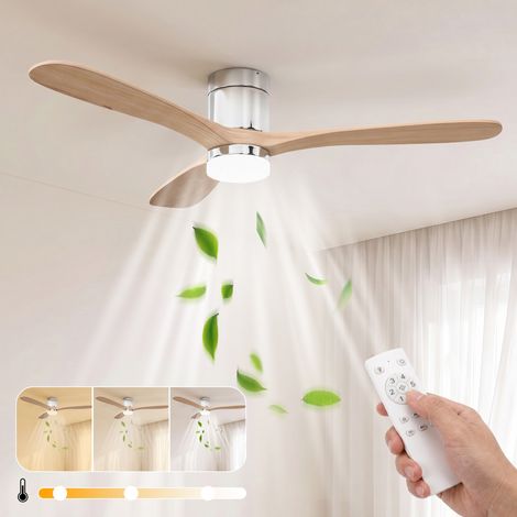 Ventilador de techo con luz y mando a distancia, 3 aspas de madera, silencioso 6 velocidades, Ø 132cm, Roble claro (1/5)