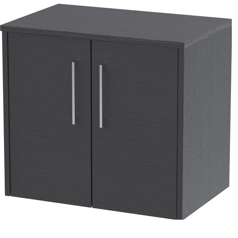Winshill Contemporary 2 Door Wall Hung Vanity Unit with Worktop, Woodgrain Dark Grey, 600mm