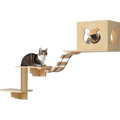 Árbol rascador para gatos, de pared, con amplias plataformas, fabricado en madera. (1/2)