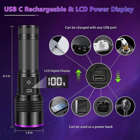 Torcia UV da 365 nm, luce nera, lampada LED UV ricaricabile da 30 W con schermo LCD, potente torcia ultravioletta per rilevamento di urina di animali domestici e polimerizzazione della resina (1/4)
